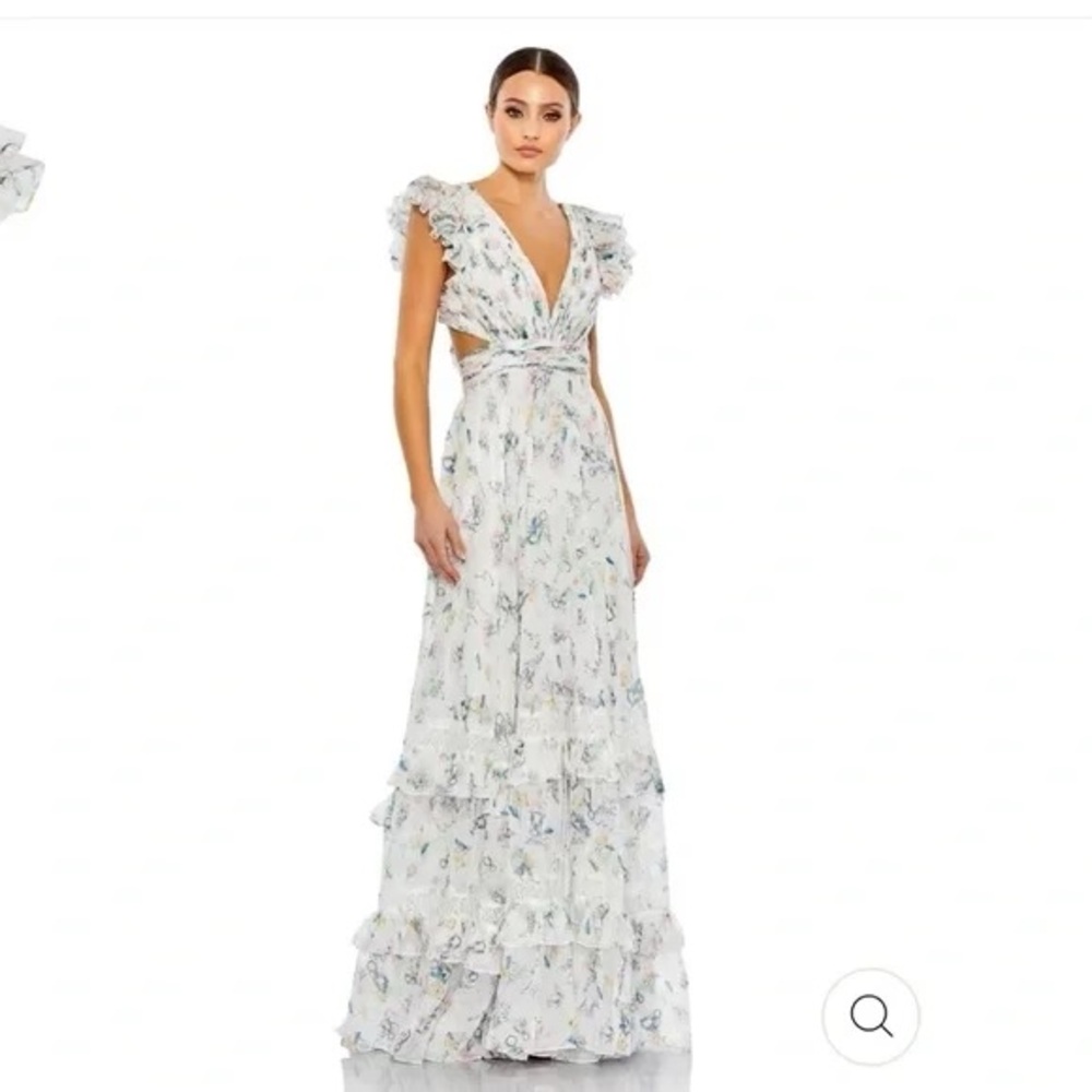 Ieena for Mac Duggal Floral Chiffon Ruffle White Maxi Dress